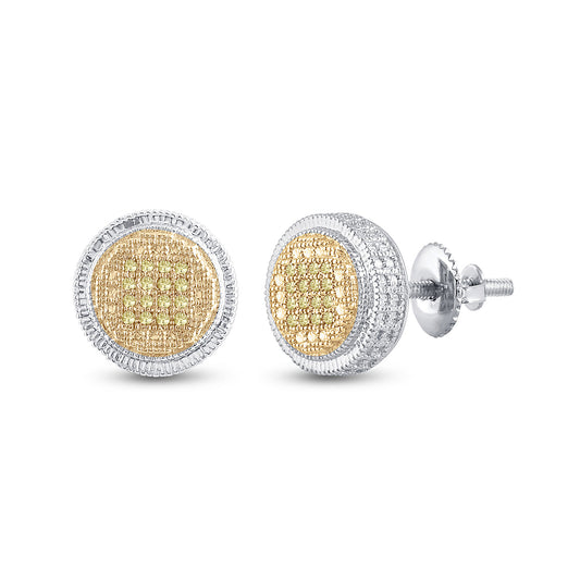 Sterling Silver Round Yellow Color Enhanced Diamond Disk Circle Earrings 1/10 Cttw