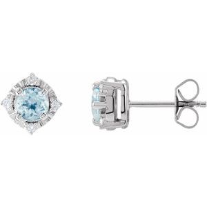 14K White Gold Round 4.5 Mm Natural Sky Blue Topaz And .08 Ctw Natural Diamond Earrings