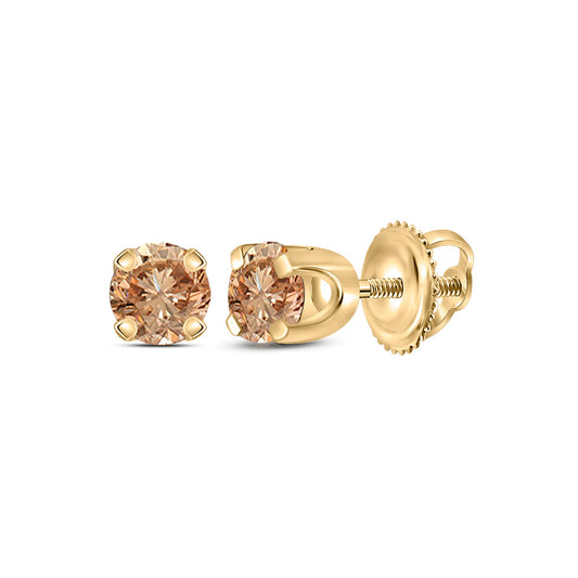 10K Yellow Gold Womens Round Brown Diamond Solitaire Stud Earrings 1/4 Cttw, Length: 0.16 In, Width: 0.16 In