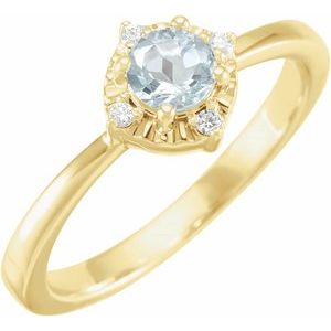14K Yellow Gold Round 4.5 Mm H+ I2 Natural Aquamarine And .04 Ctw Natural Diamond Ring Size 7