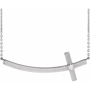 14K White Gold Round 2.5Mm G-H I1 .06 Ct Natural Diamond Curved Sideways Cross Necklace, Length: 18 In