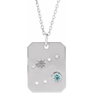 Sterling Silver Zodiac Cancer Round 2.5 Mm G-H I1 Natural Aquamarine And .01 Ctw Natural Diamond Zodiac Constellation Necklace, Length: 18 In