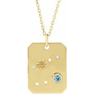 14K Yellow Gold Zodiac Cancer Round 2.5 Mm G-H I1 Natural Aquamarine And .01 Ctw Natural Diamond Zodiac Constellation Necklace, Length: 18 In