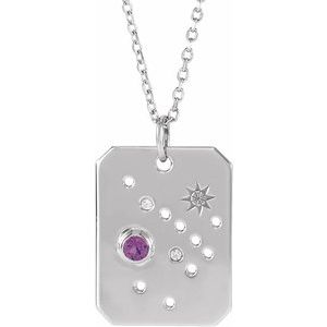 Sterling Silver Zodiac Sagittarius Round 2.5 Mm G-H I1 Natural Amethyst And .01 Ctw Natural Diamond Zodiac Constellation Necklace, Length: 18 In