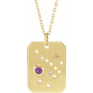 14K Yellow Gold Zodiac Sagittarius Round 2.5 Mm G-H I1 Natural Amethyst And .01 Ctw Natural Diamond Zodiac Constellation Necklace, Length: 18 In