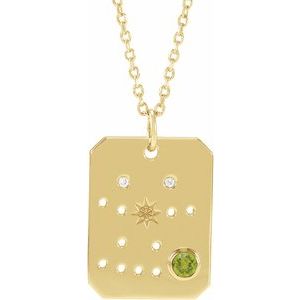 14K Yellow Gold Zodiac Gemini Round 2.5 Mm G-H I1 Natural Peridot And .01 Ctw Natural Diamond Zodiac Constellation Necklace, Length: 18 In