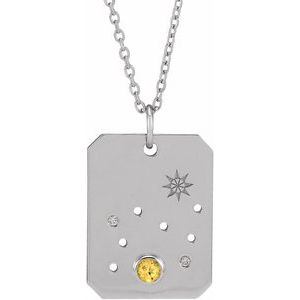 Sterling Silver Zodiac Leo Round 2.5 Mm G-H I1 Natural Citrine And .01 Ctw Natural Diamond Zodiac Constellation Necklace, Length: 18 In