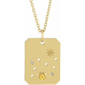 14K Yellow Gold Zodiac Leo Round 2.5 Mm G-H I1 Natural Citrine And .01 Ctw Natural Diamond Zodiac Constellation Necklace, Length: 18 In