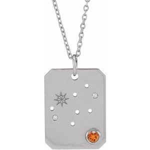 Sterling Silver Zodiac Virgo Round 2.5 Mm G-H I1 Natural Spessartite Garnet And 0.01 Ctw Natural Diamond Zodiac Constellation Necklace, Length: 18 In
