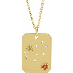 14K Yellow Gold Zodiac Virgo Round 2.5 Mm G-H I1 Natural Spessartite Garnet And 0.01 Ctw Natural Diamond Zodiac Constellation Necklace, Length: 18 In