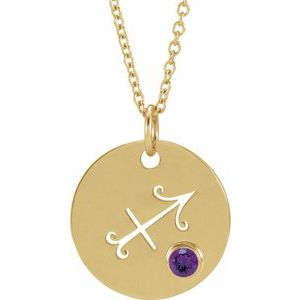 14K Yellow Gold Zodiac Sagittarius Round 2.5 Mm Natural Amethyst Zodiac Necklace, Length: 18 In