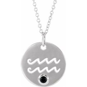 Sterling Silver Zodiac Aquarius Round 2.5 Mm Natural Black Spinel Zodiac Necklace, Length: 18 In