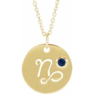 14K Yellow Gold Zodiac Capricorn Round 2.5 Mm Natural Blue Sapphire Zodiac Necklace, Length: 18 In