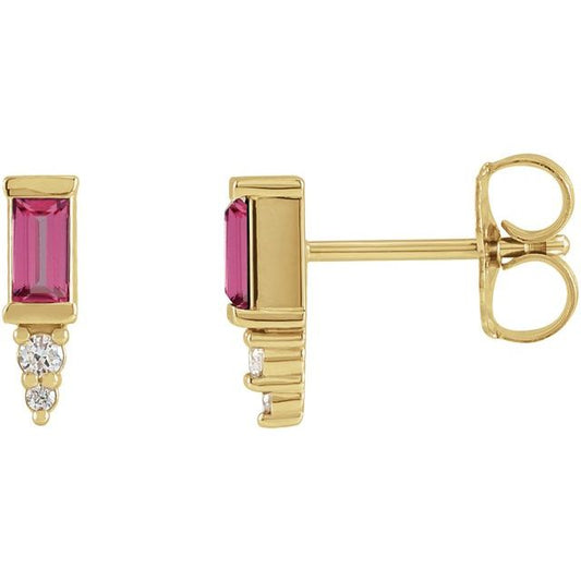 14K Yellow Gold Straight Baguette 4 X 2 Mm Friction Back Polished Natural Pink Tourmaline And .03 Ctw Natural Diamond Bar Earrings