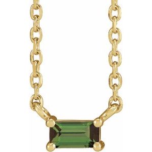 14K Yellow Gold Straight Baguette 4 X 2 Mm  Natural Green Tourmaline 4-Prong Solitaire Necklace, Length: 18 In