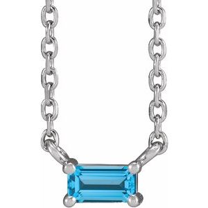 14K White Gold Straight Baguette 4 X 2 Mm  Natural Swiss Blue Topaz 4-Prong Solitaire Necklace, Length: 18 In