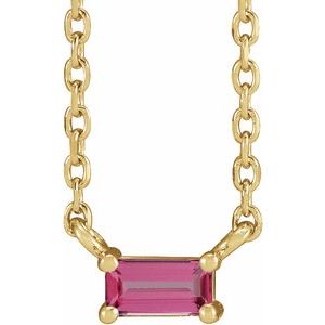 14K Yellow Gold Straight Baguette 4 X 2 Mm  Natural Pink Tourmaline 4-Prong Solitaire Necklace, Length: 18 In