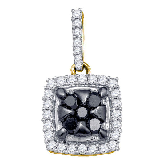 10K Yellow Gold Womens Round Black Color Enhanced Diamond Square Cluster Pendant 1/2 Cttw