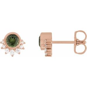 14K Rose Gold Round 4 Mm Natural Green Tourmaline And .08 Ctw Natural Diamond Half Sunburst Earrings
