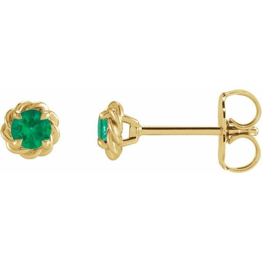 14K Yellow Gold 3 Mm Round Friction Back Polished Lab-Grown Emerald Claw-Prong Rope Earrings