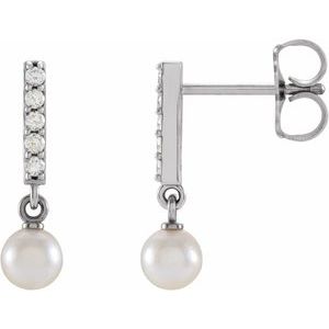 14K White Gold Pearl 4 Mm White Akoya Pearl And Diamond Bar Dangle Earrings