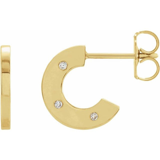 14K Yellow Gold 1 Mm Round Friction Back Polished .025 Ctw Natural Diamond Flat Hoop Earrings