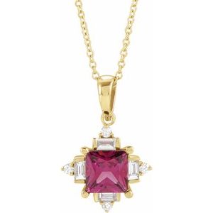14K Yellow Gold Square 6 X 6Mm Ghi Si2-Si3 Natural Rhodolite Garnet And 1/5 Ctw Natural Diamond Necklace, Length: 18 In
