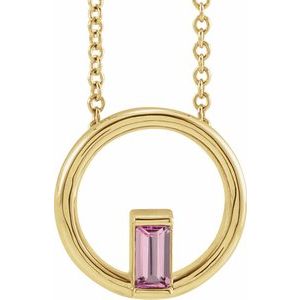 14K Yellow Gold Straight Baguette 4 X 2 Mm  Natural Pink Tourmaline Circle Baguette Necklace, Length: 18 In