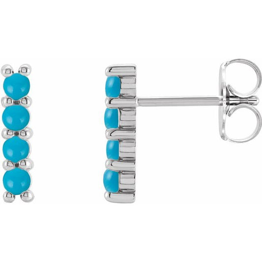 14K White Or Yellow Gold 2 Mm Round Friction Back Polished Natural Turquoise Cabochon Bar Earrings