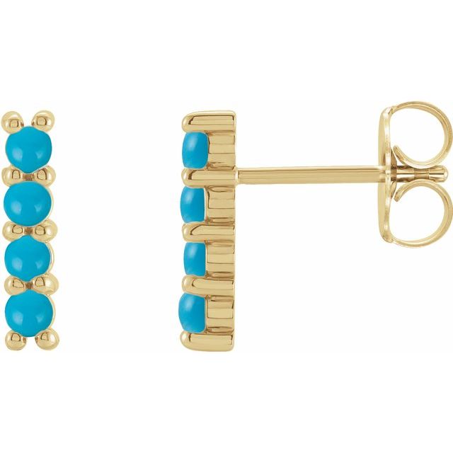 14K White Or Yellow Gold 2 Mm Round Friction Back Polished Natural Turquoise Cabochon Bar Earrings