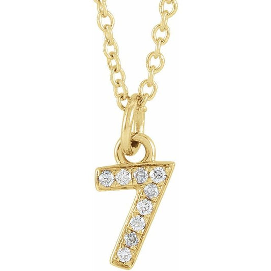 14K Yellow Gold Numeral 7 Round .85 Mm I1, H+ 16-18 In Polished .03 Ctw Natural Diamond Petite Pave Number Adjustable Necklace