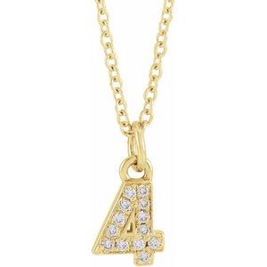 14K Yellow Gold Numeral 4 Round .8 Mm H+ I1 .03 Ctw Natural Diamond Pave Petite Number Adjustable Necklace, Length: 18 In