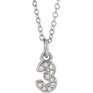 14K White Gold Numeral 3 Round .95 Mm H+ I1 .04 Ctw Natural Diamond Pave Petite Number Adjustable Necklace, Length: 18 In