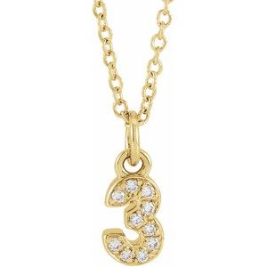 14K Yellow Gold Numeral 3 Round .95 Mm H+ I1 .04 Ctw Natural Diamond Pave Petite Number Adjustable Necklace, Length: 18 In