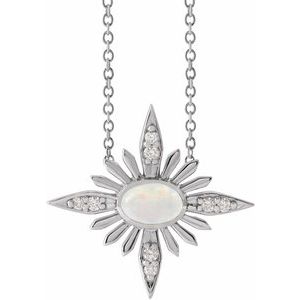 14K White Gold Oval 6 X 4Mm G-H I1 Natural Ethiopian Opal And .08 Ctw Natural Diamond Necklace, Length: 18 In