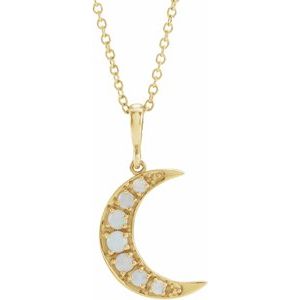 14K Yellow Gold Round  Natural White Opal Cabochon Moon Necklace, Length: 18 In