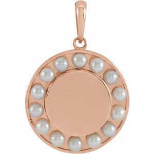 14K Rose Gold Pearl 2 Mm Halo-Style Cultured White Seed Pearl Engravable Medallion Pendant