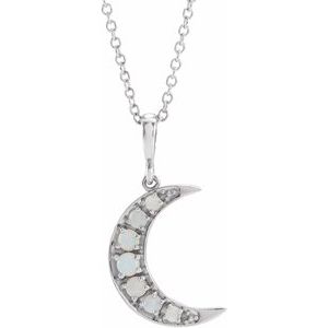 Sterling Silver Round  Natural White Opal Cabochon Moon Necklace, Length: 18 In
