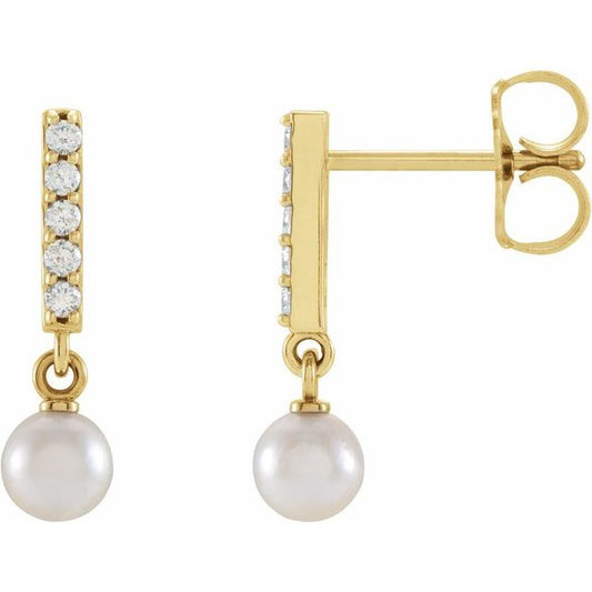 14K Yellow Gold 4 Mm Friction Back Polished Cultured White Akoya Pearl And Natural Diamond Bar Dangle Earrings