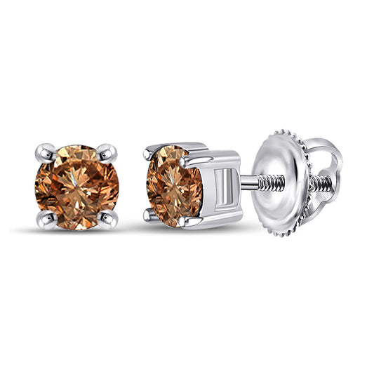 10K White Or Yellow Gold Womens Round Brown Diamond Solitaire Earrings