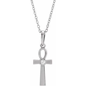 14K White Gold Round 2Mm G-H I1 .03 Ctw Natural Diamond Accented Ankh Cross Necklace, Length: 18 In
