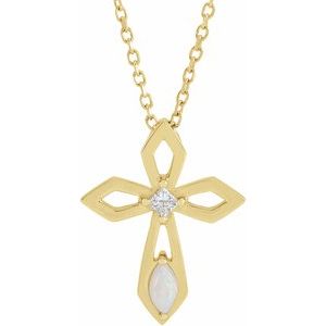 14K Yellow Gold Marquise 4 X 2Mm G-H I1 Natural White Opal And .05 Ct Natural Diamond Cross Necklace, Length: 18 In