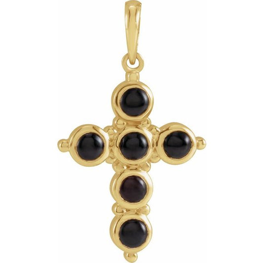 14K Yellow Gold Round  3 Mm Polished Black Onyx Cabochon Cross Pendant