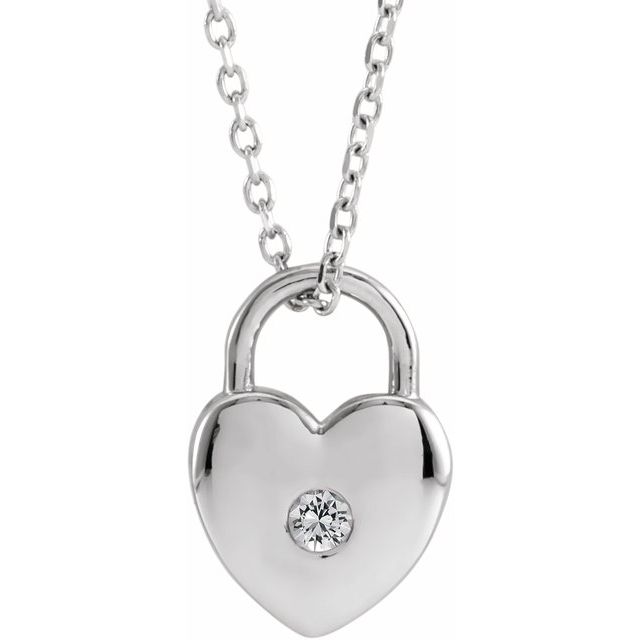Sterling Silver Round 2 Mm 18 In Polished Natural White Sapphire Heart Lock Necklace