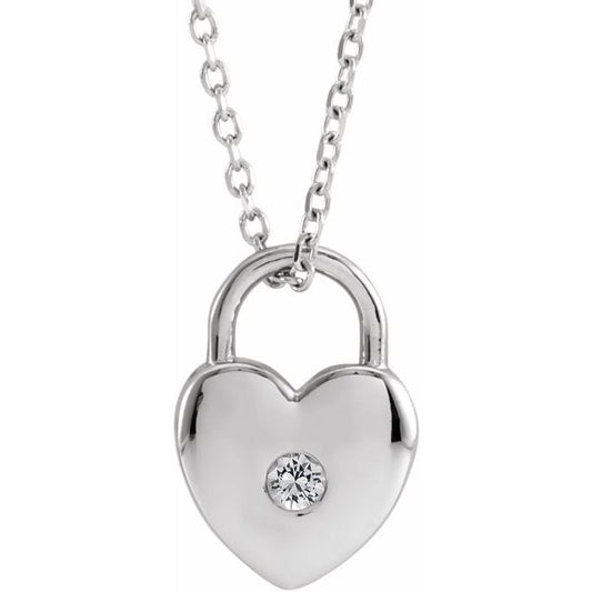 Sterling Silver Round 2 Mm 18 In Polished Natural White Sapphire Heart Lock Necklace