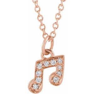 14K Rose Gold Round G-H I1 .05 Ctw Natural Diamond Petite Music Note Necklace, Length: 18 In