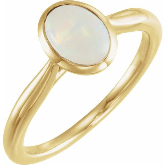 14K Yellow Gold Oval 8 X 6 Mm Polished Natural Ethiopian Opal Cabochon Ring, Size 7
