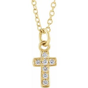 14K Yellow Gold Round 1.2Mm H+ I1 .04 Ctw Natural Diamond Youth Cross Necklace, Length: 15 In