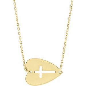 14K Yellow Gold 15 X 11 Mm 18 In Polished East/West Heart With Pierced Cross Necklace