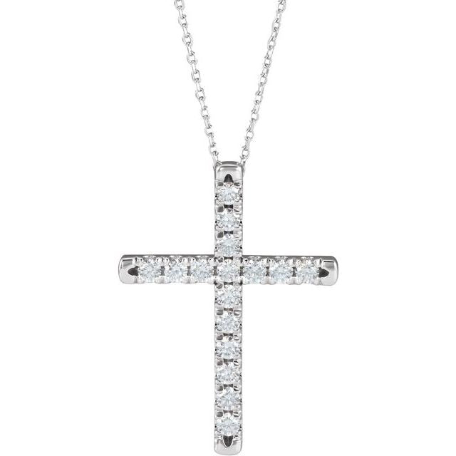 14K White Gold Round 2.5Mm Si1-Si2, Gh 16-18 In Polished 1 Ctw Lab-Grown Diamond French-Set Cross Necklace